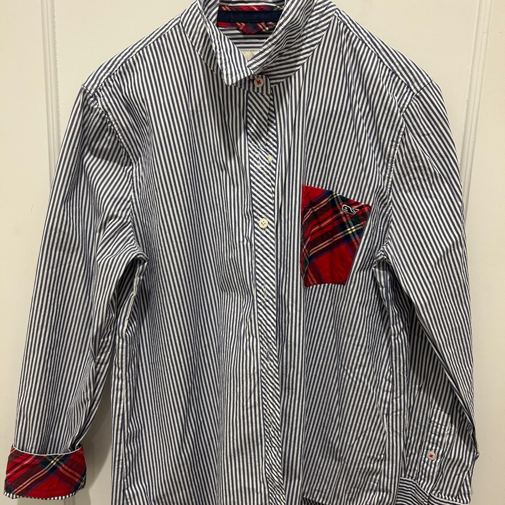 Vineyard Vines Striped Button-Down with Red Plaid Details